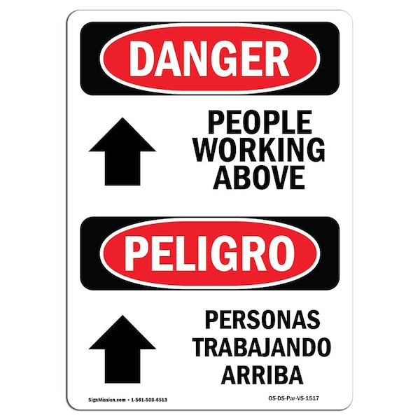 Safety Sign, OSHA Danger, 24" Height, Aluminum, People Working Above Bilingual Spanish